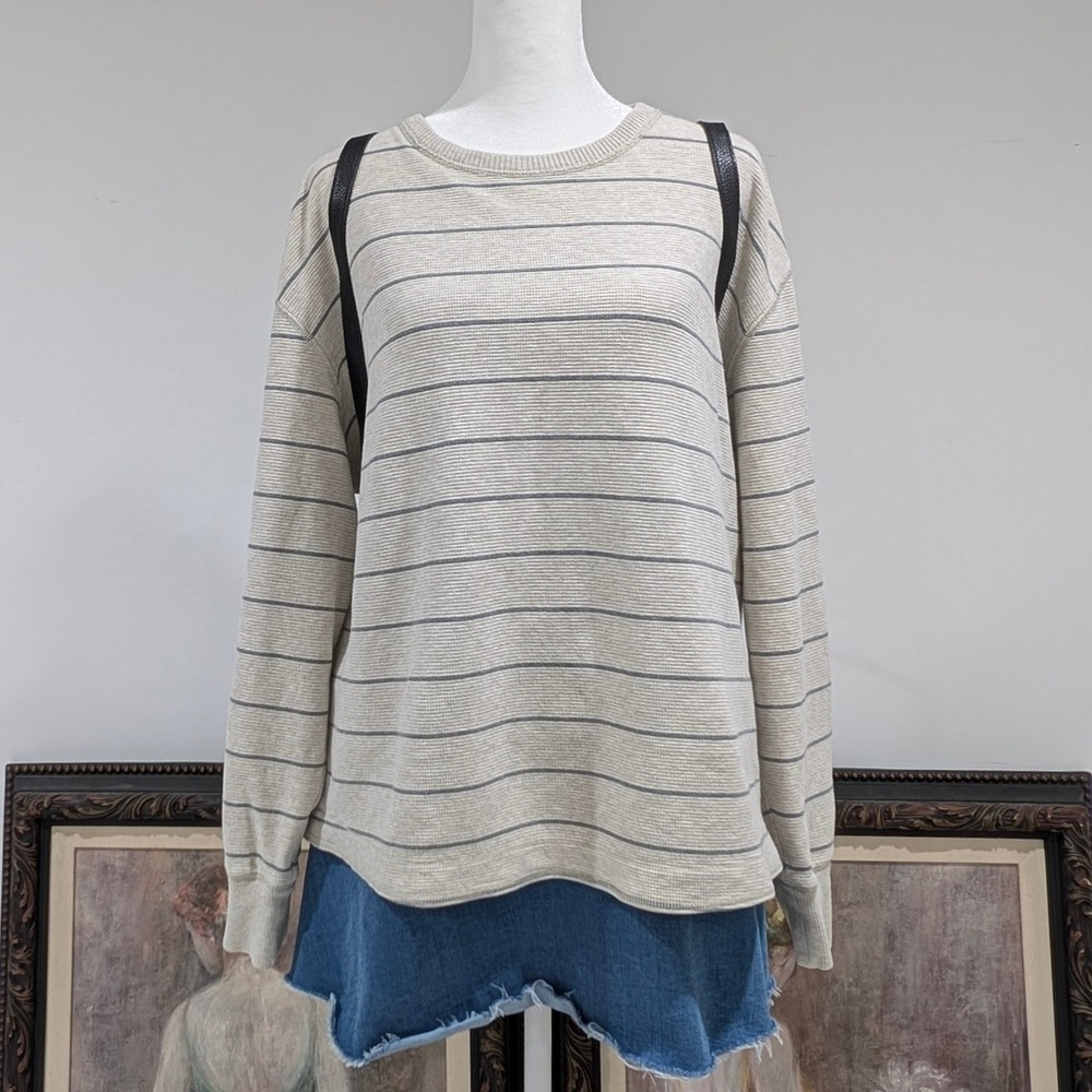 Striped Long Sleeve Crew Neck Pullover Sweater Coastal Vibe Unisexβ Beige XL